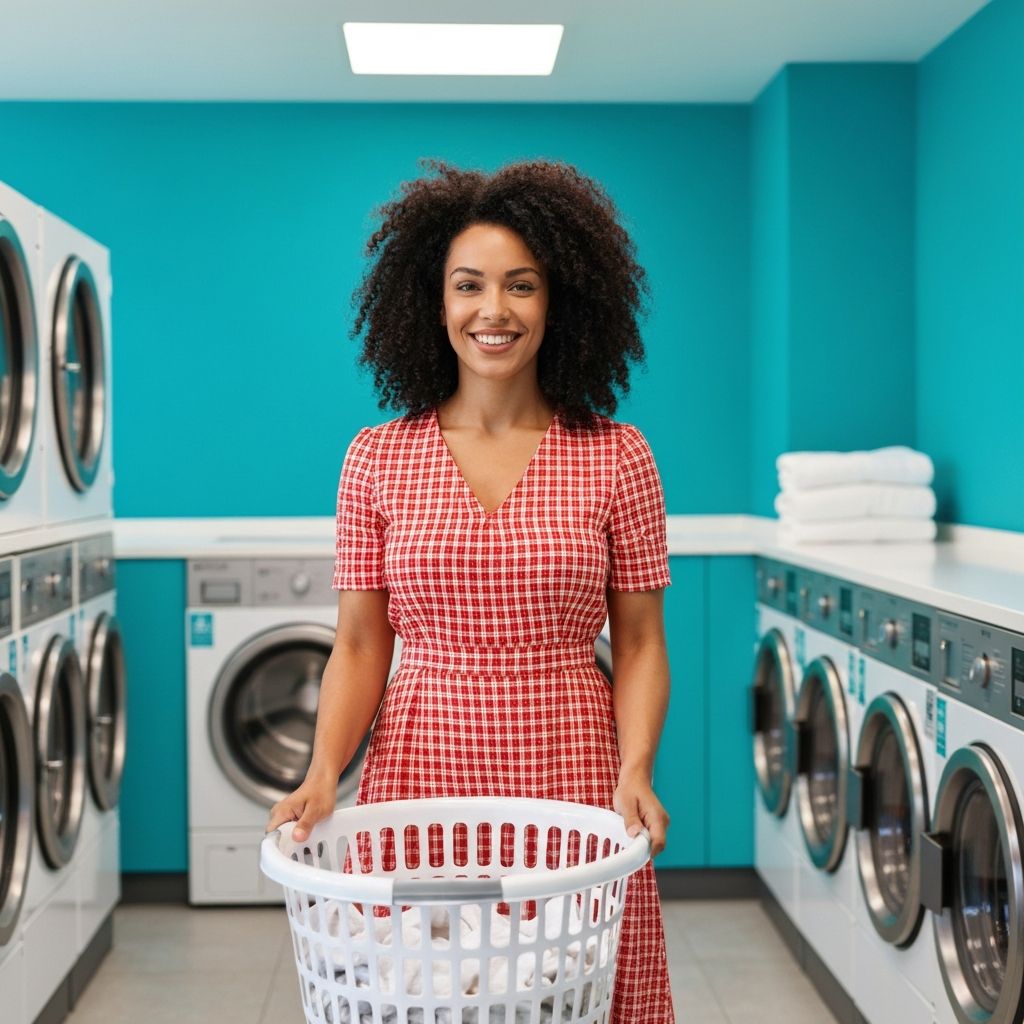 Woman holding laundry basket in laundromat